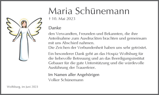 Traueranzeige von Maria Schünemann von Wolfsburger Nachrichten