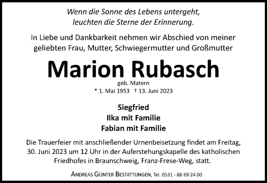 Traueranzeige von Marion Rubasch von Braunschweiger Zeitung