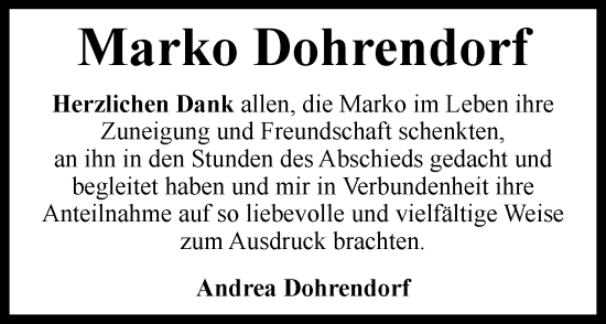 Traueranzeige von Marko Dohrendorf von Neue Braunschweiger am Samstag