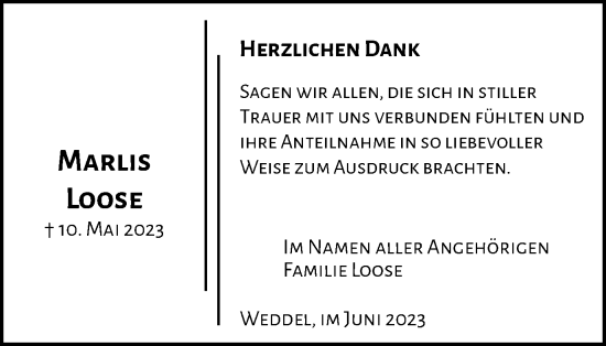 Traueranzeige von Marlis Loose von Wolfenbütteler Zeitung