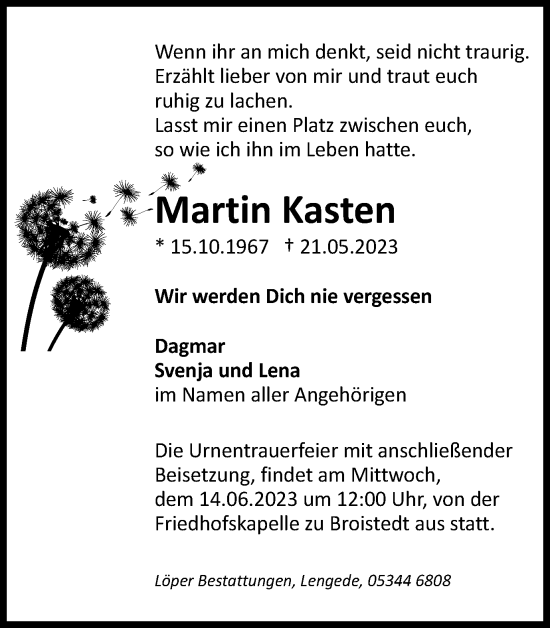 Traueranzeige von Martin Kasten von Peiner Nachrichten