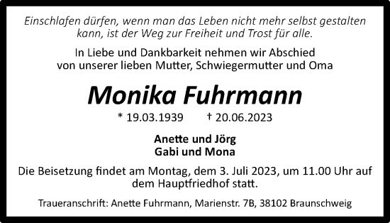 Traueranzeige von Monika Fuhrmann von Braunschweiger Zeitung