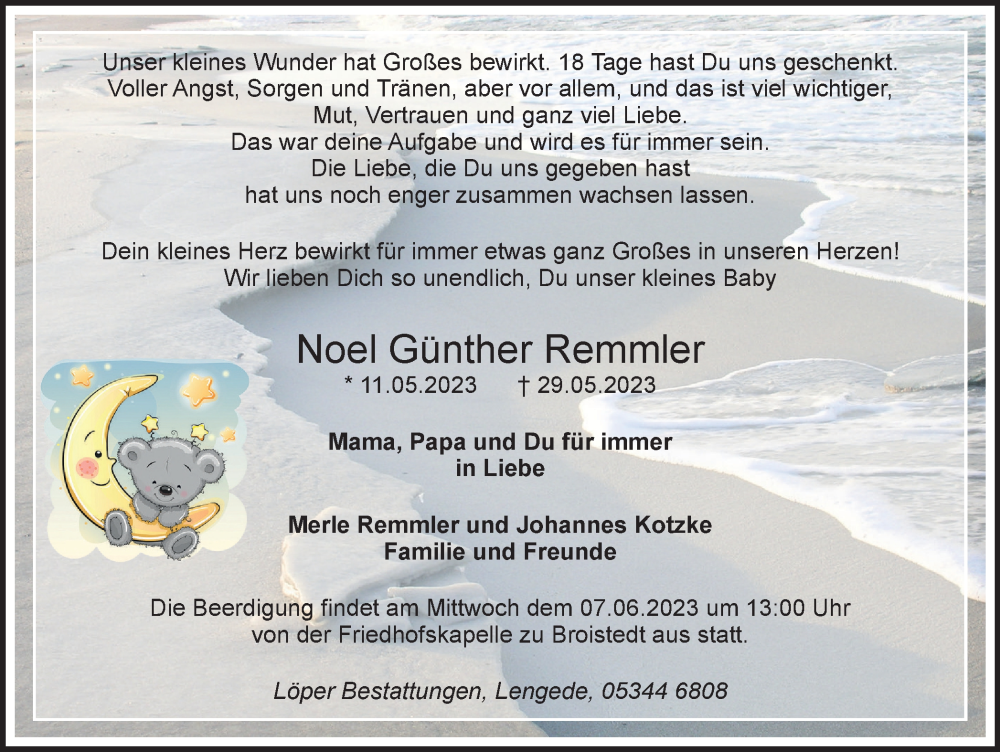  Traueranzeige für Noel Günther Remmler vom 03.06.2023 aus Peiner Nachrichten