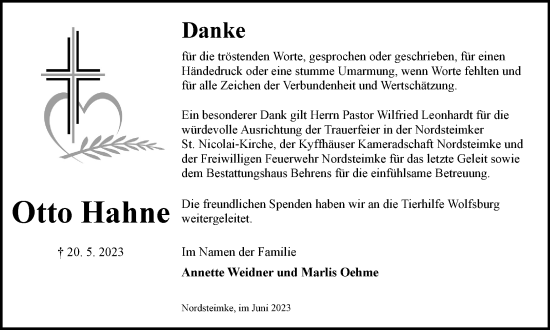 Traueranzeige von Otto Hahne von Wolfsburger Nachrichten