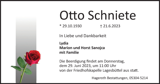 Traueranzeige von Otto Schniete von Wolfsburger Nachrichten