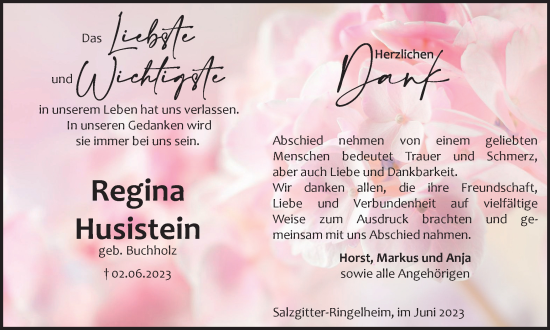 Traueranzeige von Regina Husistein von Salzgitter-Zeitung