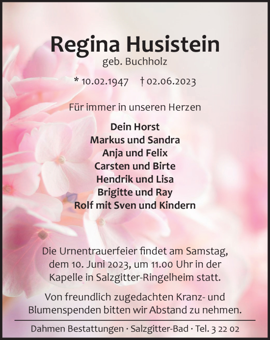 Traueranzeige von Regina Husistein von Salzgitter-Zeitung