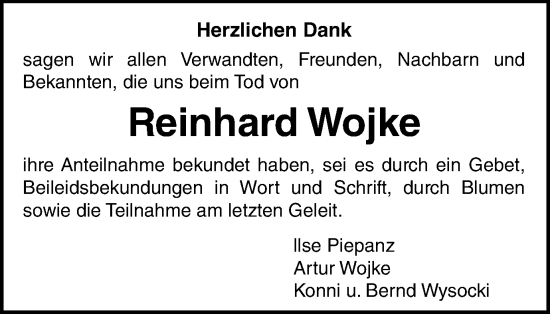Traueranzeige von Reinhard Wojke von Braunschweiger Zeitung