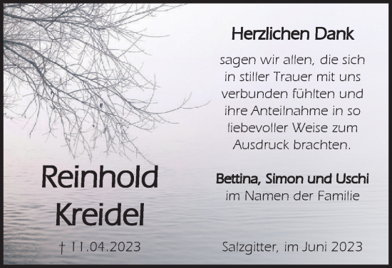 Traueranzeige von Reinhold Kreidel von Salzgitter-Zeitung