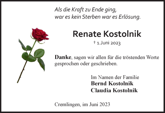Traueranzeige von Renate Kostolnik von Wolfenbütteler Zeitung