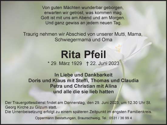 Traueranzeige von Rita Pfeil von Braunschweiger Zeitung