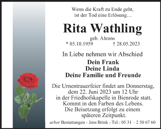Traueranzeige von Rita Wathling von Braunschweiger Zeitung
