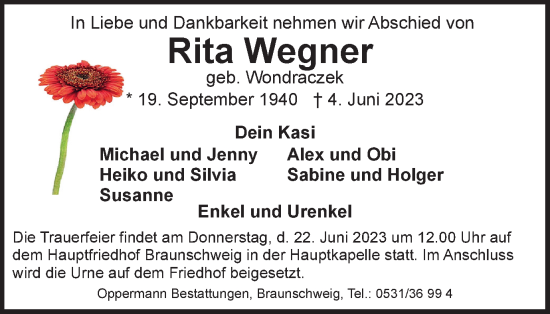 Traueranzeige von Rita Wegner von Braunschweiger Zeitung