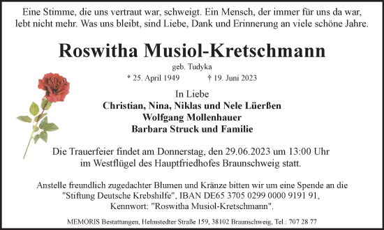 Traueranzeige von Roswitha Musiol-Kretschmann von Braunschweiger Zeitung