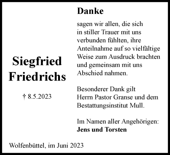 Traueranzeige von Siegfried Friedrichs von Wolfenbütteler Zeitung