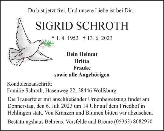 Traueranzeige von Sigrid Schroth von Wolfsburger Nachrichten
