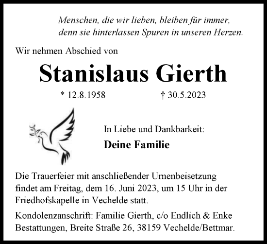 Traueranzeige von Stanislaus Gierth von Peiner Nachrichten