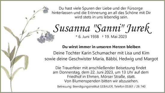 Traueranzeige von Susanna  Jurek von Wolfsburger Nachrichten
