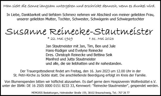 Traueranzeige von Susanne Reinecke-Stautmeister von Braunschweiger Zeitung