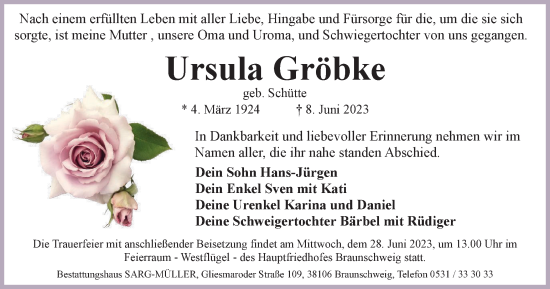 Traueranzeige von Ursula Gröbke von Braunschweiger Zeitung