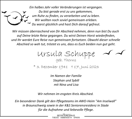 Traueranzeige von Ursula Schuppe von Braunschweiger Zeitung