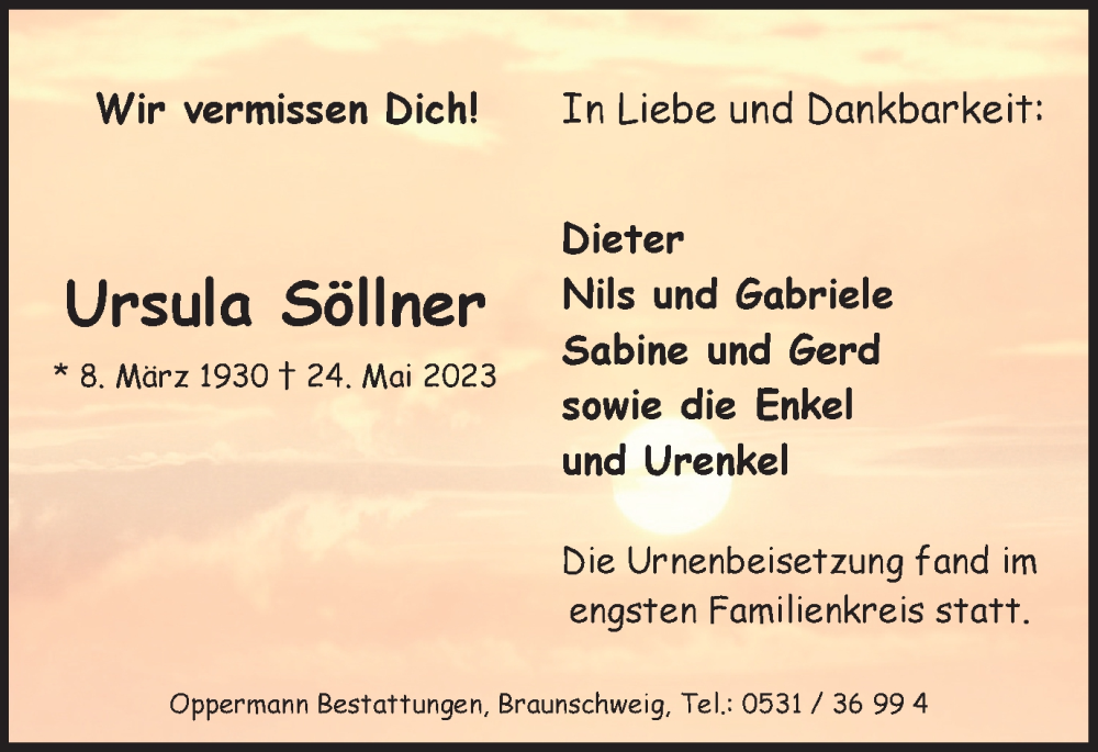  Traueranzeige für Ursula Söllner vom 10.06.2023 aus Braunschweiger Zeitung