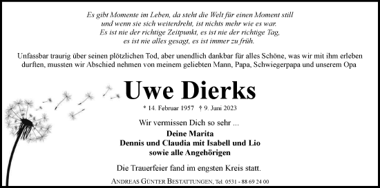 Traueranzeige von Uwe Dierks von Neue Braunschweiger am Samstag