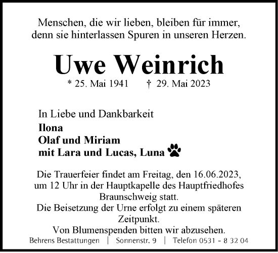 Traueranzeige von Uwe Weinrich von Braunschweiger Zeitung