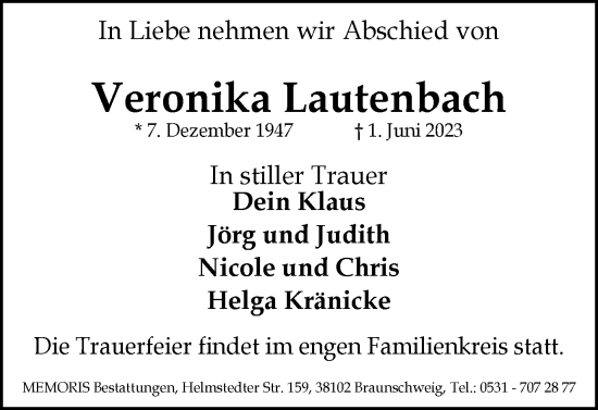 Traueranzeige von Veronika Lautenbach von Braunschweiger Zeitung