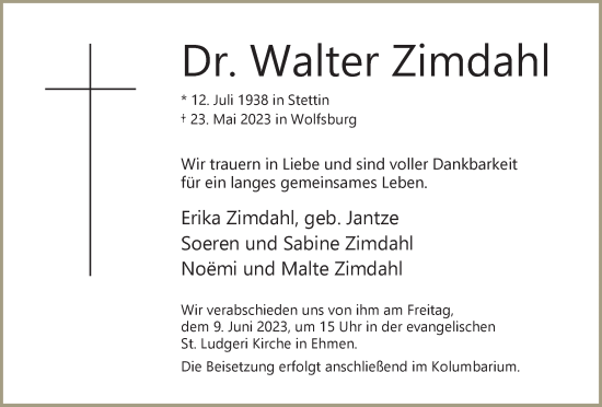 Traueranzeige von Walter Zimdahl von Wolfsburger Nachrichten