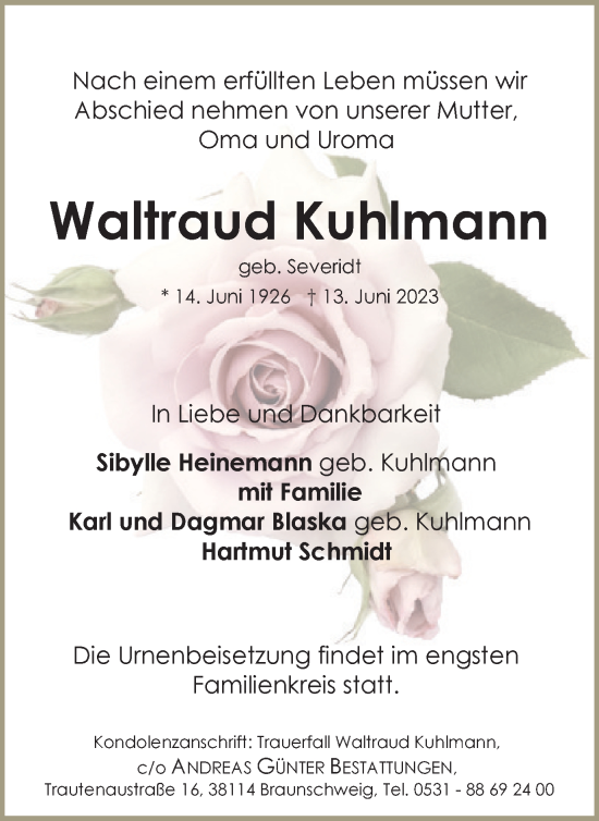 Traueranzeige von Waltraud Kuhlmann von Braunschweiger Zeitung