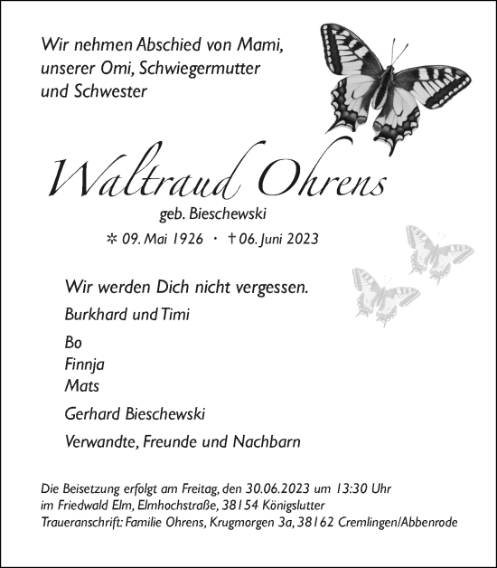 Traueranzeige von Waltraud Ohrens von Braunschweiger Zeitung