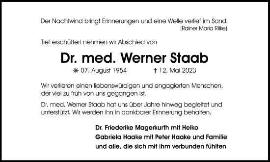 Traueranzeige von Werner Staab von Wolfsburger Nachrichten