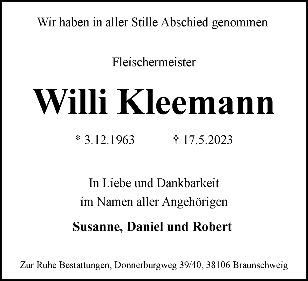  Traueranzeige für Willi Kleemann vom 17.06.2023 aus Braunschweiger Zeitung
