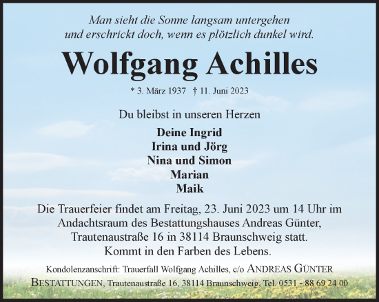 Traueranzeige von Wolfgang Achilles von Braunschweiger Zeitung