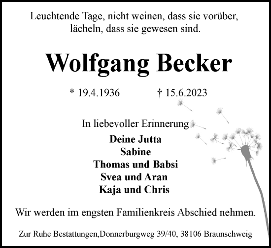 Traueranzeige von Wolfgang Becker von Braunschweiger Zeitung