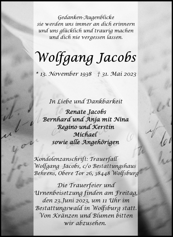 Traueranzeige von Wolfgang Jacobs von Helmstedter Nachrichten