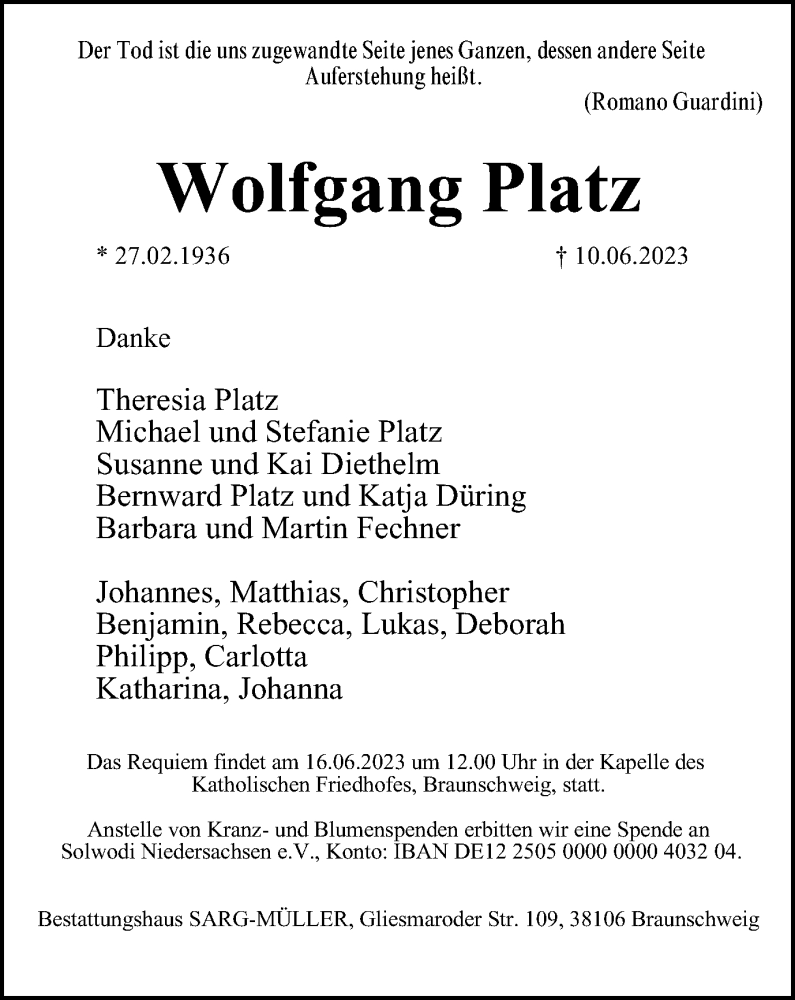  Traueranzeige für Wolfgang Platz vom 14.06.2023 aus Braunschweiger Zeitung