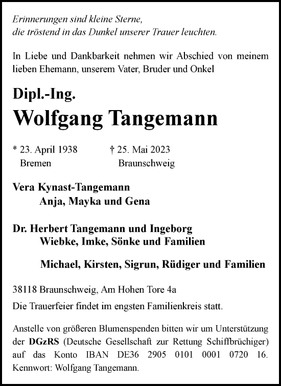 Traueranzeige von Wolfgang Tangemann von Braunschweiger Zeitung, Wolfsburger Nachrichten