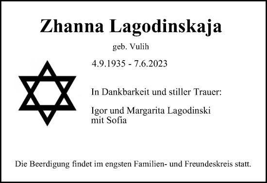 Traueranzeige von Zhanna Lagodinskaja von Braunschweiger Zeitung