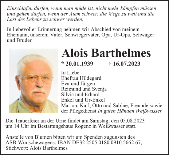 Traueranzeige von Alois Barthelmes von Braunschweiger Zeitung
