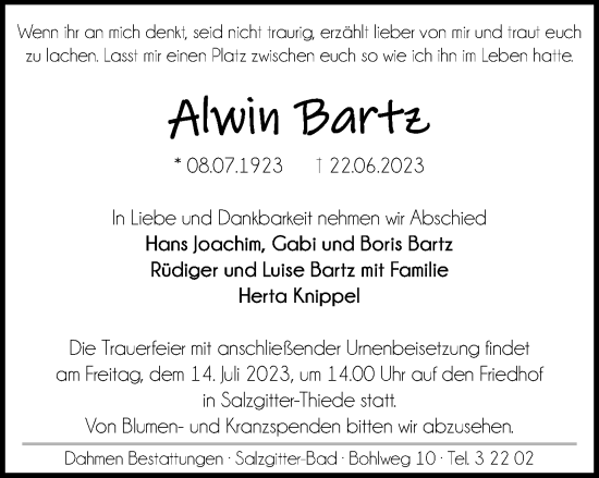 Traueranzeige von Alwin Bartz von Braunschweiger Zeitung, Salzgitter-Zeitung