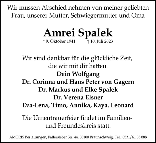 Traueranzeige von Amrei Spalek von Braunschweiger Zeitung