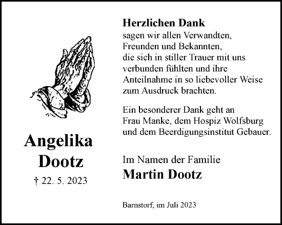 Traueranzeige von Angelika Dootz von Wolfsburger Nachrichten