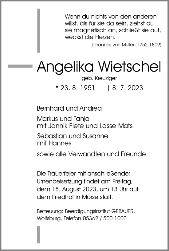 Traueranzeige von Angelika Wietschel von Wolfsburger Nachrichten