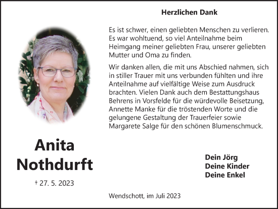 Traueranzeige von Anita Nothdurft von Wolfsburger Nachrichten