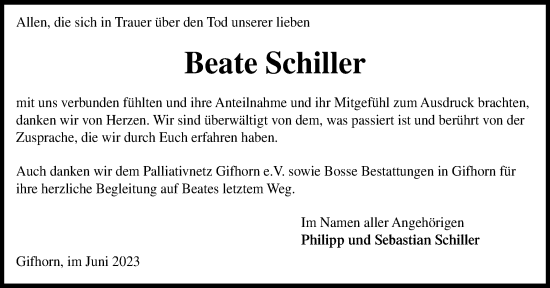 Traueranzeige von Beate Schiller von Wolfsburger Nachrichten
