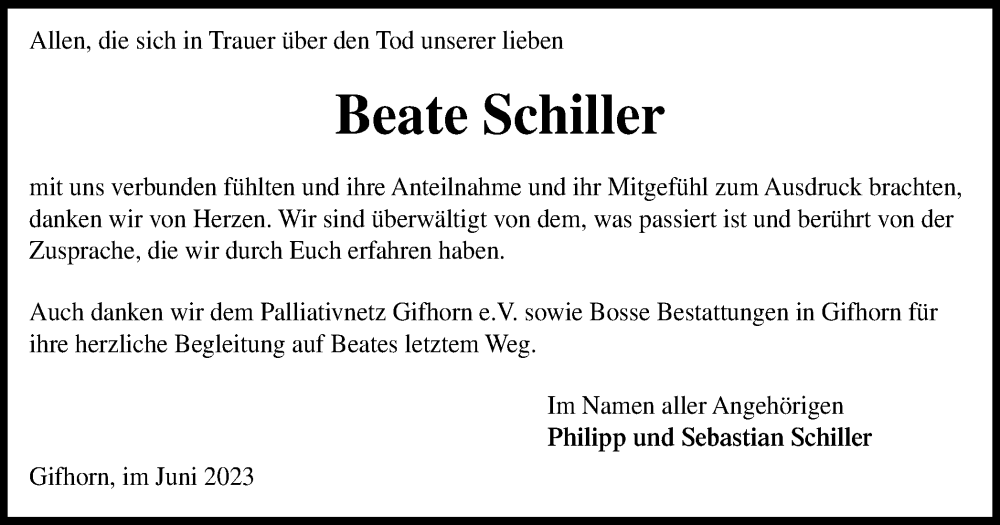  Traueranzeige für Beate Schiller vom 07.07.2023 aus Wolfsburger Nachrichten