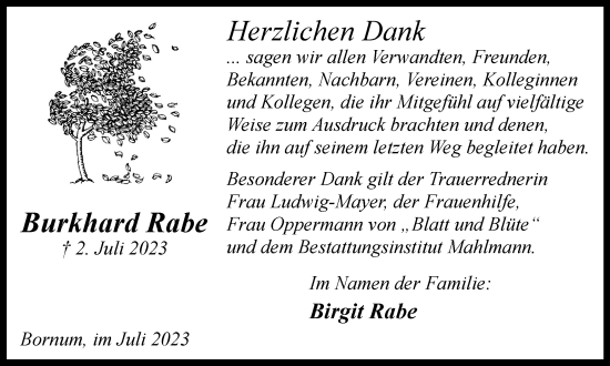 Traueranzeige von Burkhard Rabe von Wolfenbütteler Zeitung