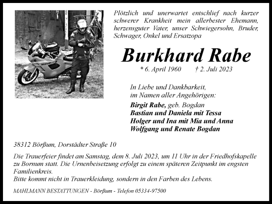 Traueranzeige von Burkhard Rabe von Wolfenbütteler Zeitung